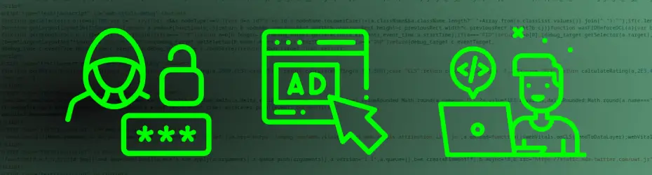 three icons of scam, ads and job with javascript code on background
