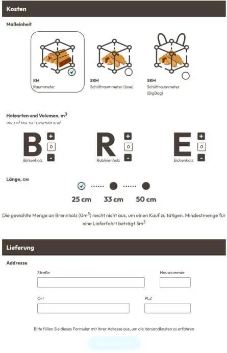 A screenshot of holzhof.berlin website calculator